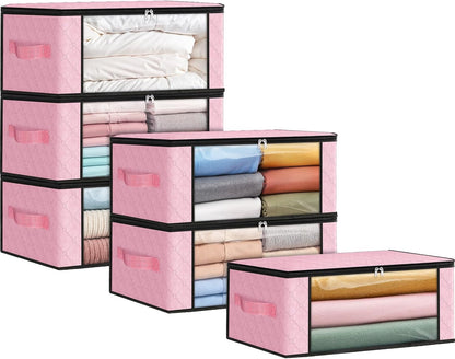 Fab totes 6 Pack Storage Bags for Clothes and Blanket, Foldable Closet Organizers and Storage with Zippers, Clear Window and Handles, Fabric Storage Bins for Sweater, Comforter, Bedding,Linen Sheets