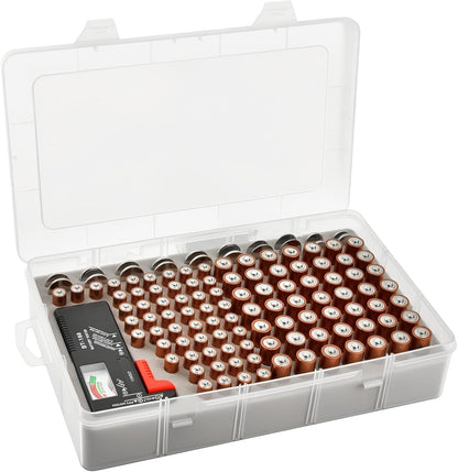 Xuerdon Battery Organizer Case with BT168 Tester 120+ Batteries Storage Box | Clear Plastic Battery Box Holds 49AA 51AAA 10CR2032 10CR1632 Batteries, Wall Mount Drawer Organizer Batteries not Included