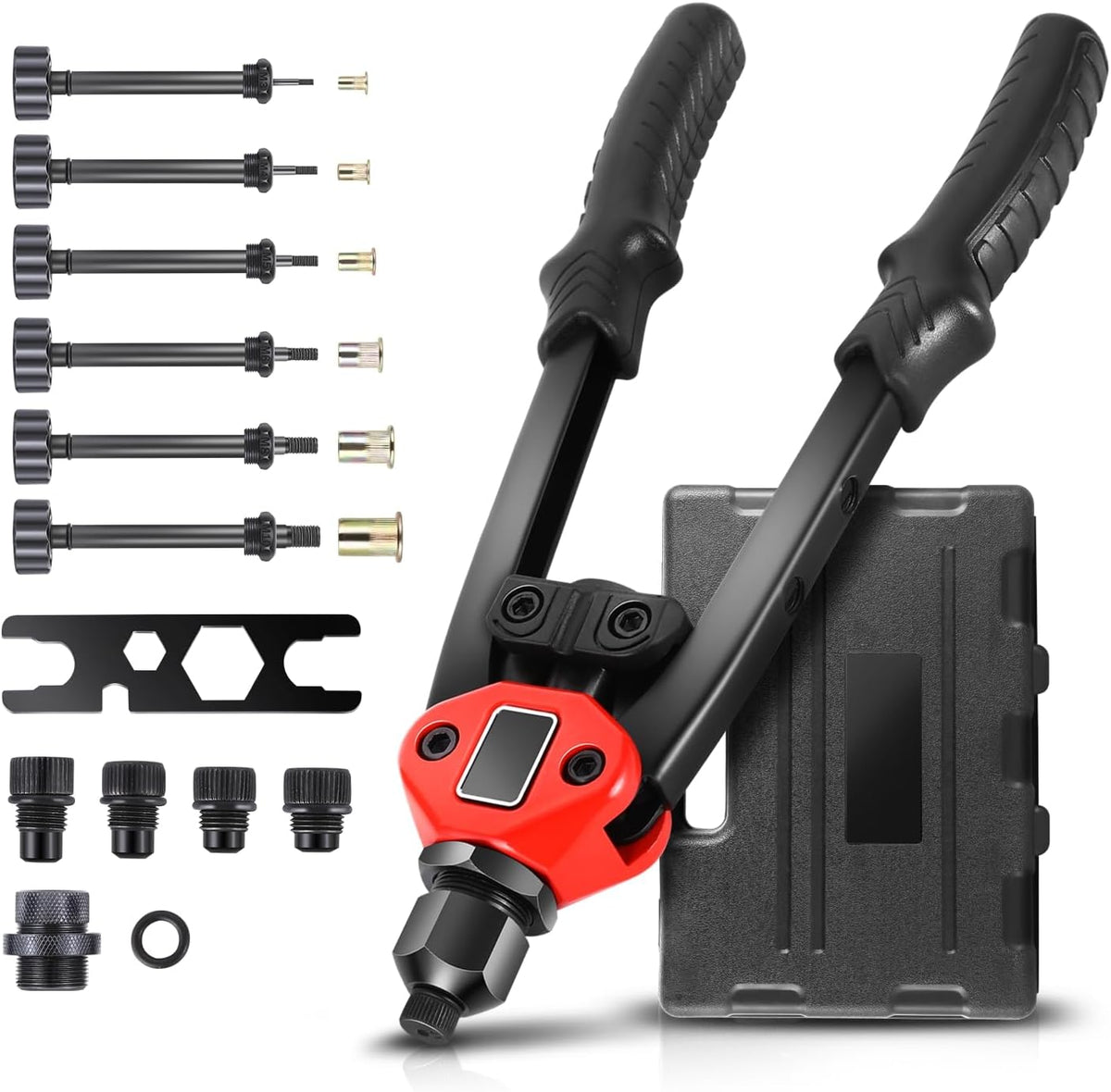 Auto Dynasty 21" Hand Riveter Rivet Nut Tool Set with 5 Guide Nozzle Silver Repair Hand Tool Kit Set for Home Household Office Warehouse