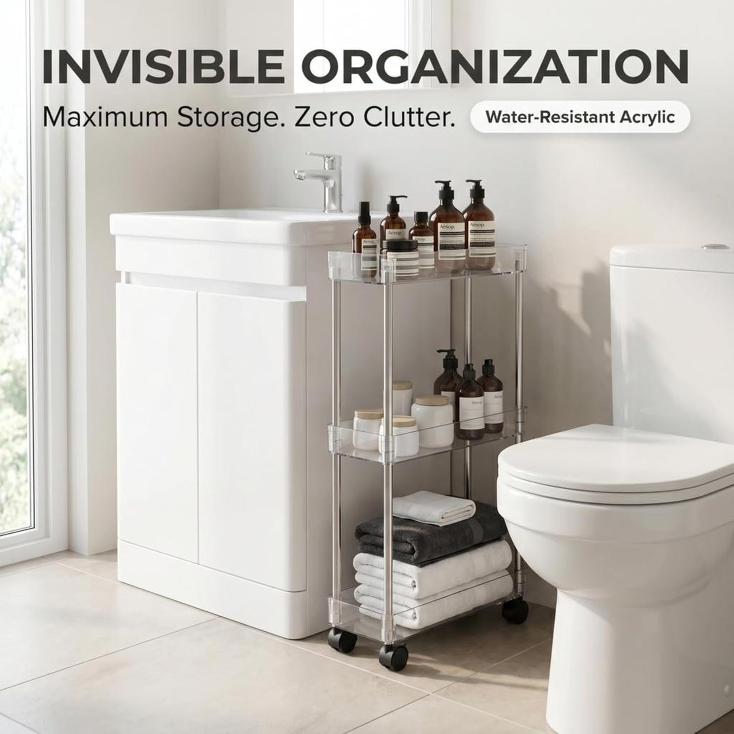 American Dream Home Chrome/Clear Acrylic Slim 3-Tier Rolling Cart Portable Narrow Storage Trolley with Wheels, Transparent Shelves for Bathroom, Kitchen, Office & Small Spaces