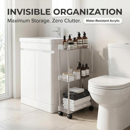 American Dream Home Chrome/Clear Acrylic Slim 3-Tier Rolling Cart Portable Narrow Storage Trolley with Wheels, Transparent Shelves for Bathroom, Kitchen, Office & Small Spaces