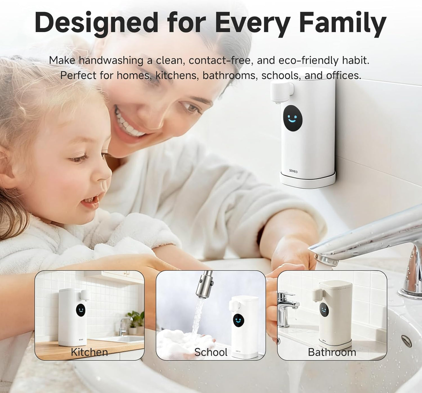 Automatic Foaming Soap Dispenser, Touchless Soap Dispenser with LED Hand Washing Timer, Rechargeable 350ml Foam Soap Dispenser, IPX7 Waterproof, Wall Mounted for Bathroom Kitchen Kids