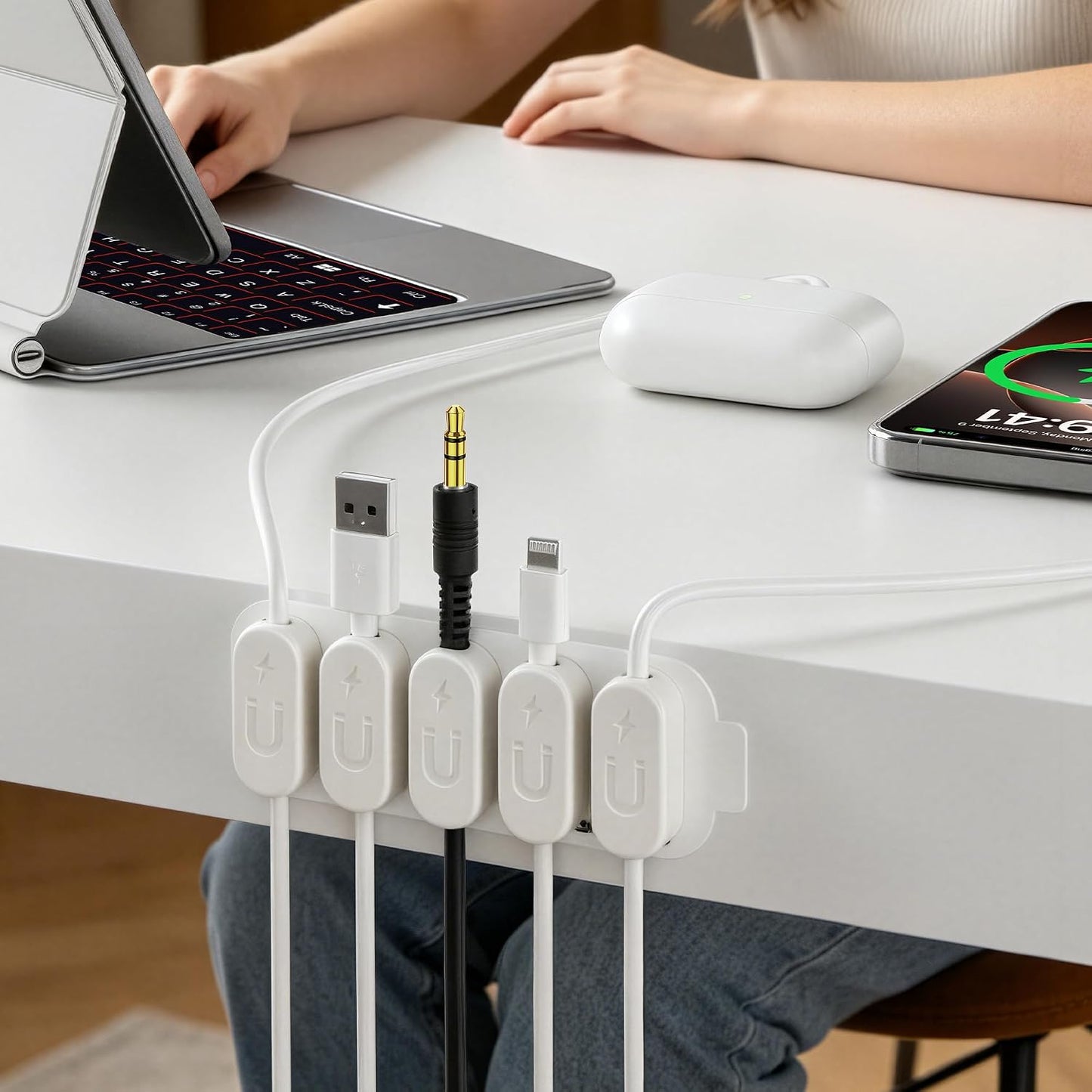 Chargeworx Magnetic Cable Clips - Cord Holder Organizer, No Drill Self-Adhesive Base, Cable Organizer, Repositionable Magnetic Clips, 5-Pack, USB-C Lightning Micro-USB, Desk Nightstand Wall Car, Black