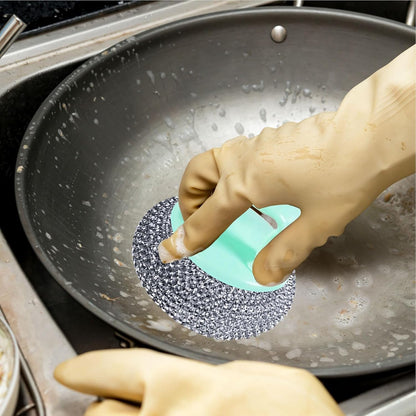 Dish Scrubber - Non Scratch Short Handle Brush for Cleaning | Durable Nylon Fiber with Soft Ball Pad, Stain Removing Scouring Tool, Easy Grip Handle for Pots, Pans, Grill, Sink, Kitchen Household Use