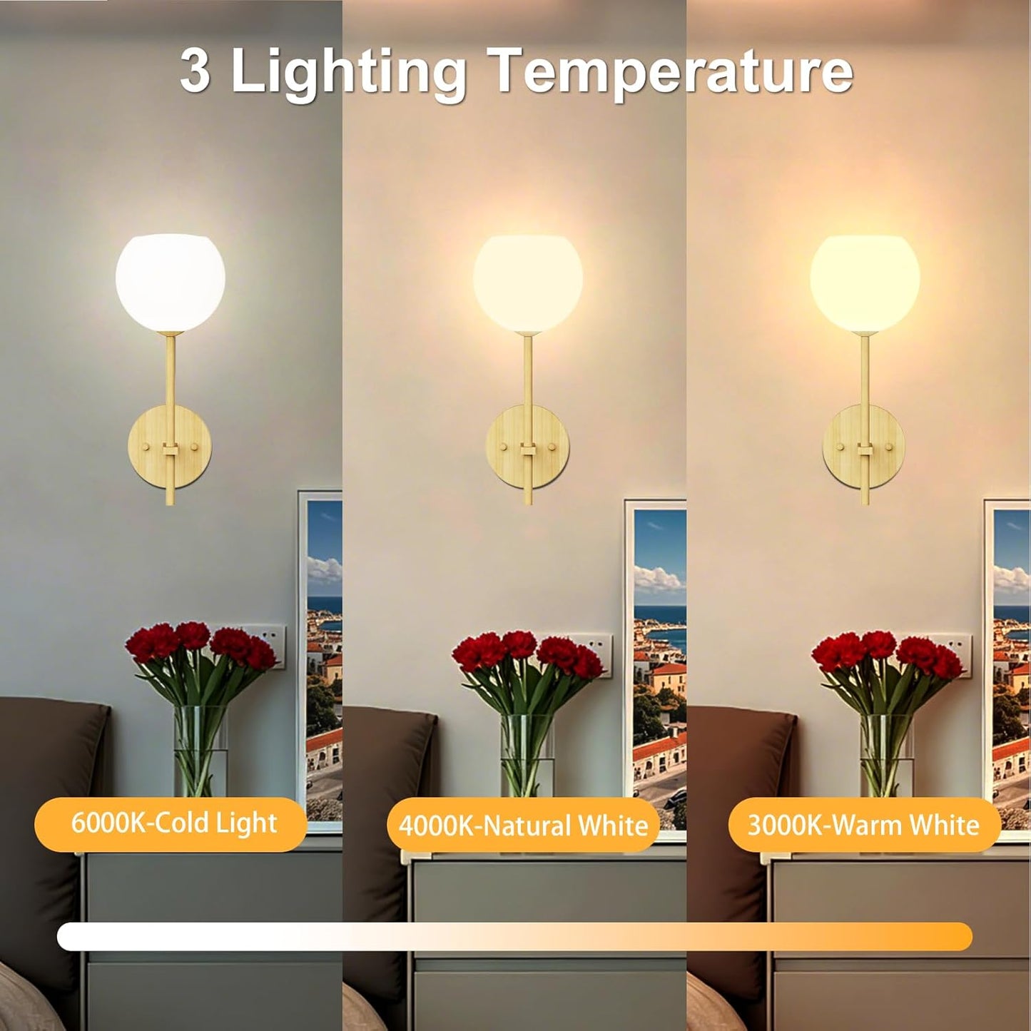 Brass Battery Operated Wall Sconces Set of 2, Rechargeable Wireless Wall Lights with Milky White Frosted Glass, 12 RGB and 3CCT Dimmable, Wall Lamps with Remote for Bedroom Living Room Hallway