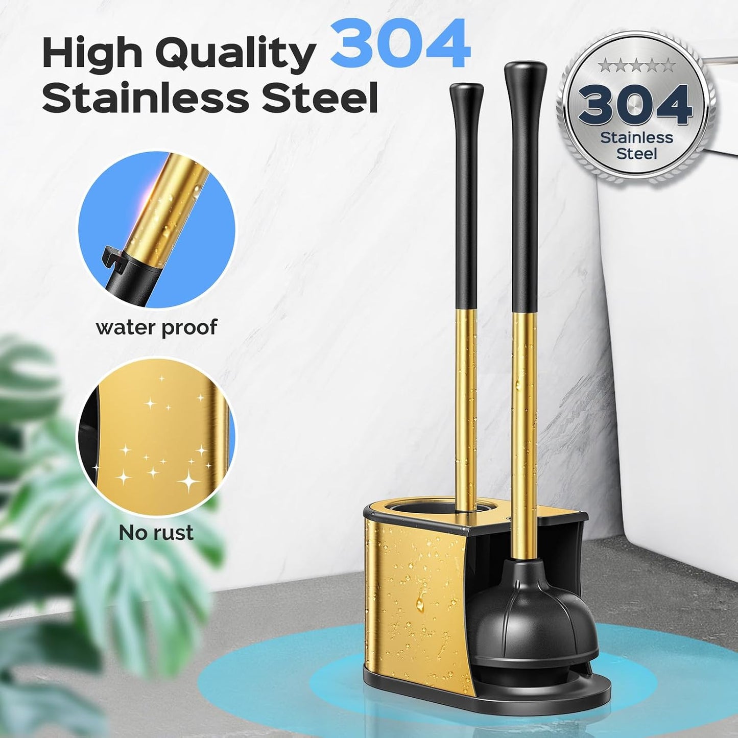HAMITOR Toilet Plunger and Brush Set: 2 in 1 Stainless Steel Rustproof Combo with Deep Cleaning Curved Bristles - Heavy Duty Toilet Unclogging for Family Bathroom - Compact Apartment Accessories
