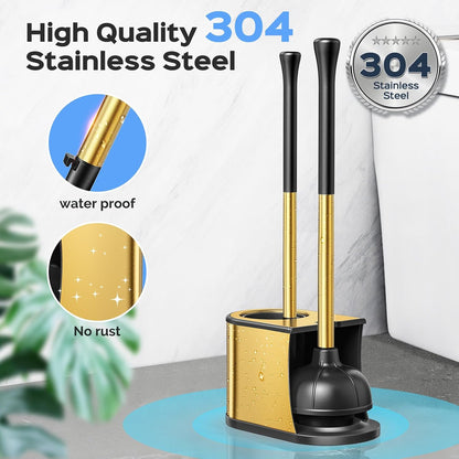 HAMITOR Toilet Plunger and Brush Set: 2 in 1 Stainless Steel Rustproof Combo with Deep Cleaning Curved Bristles - Heavy Duty Toilet Unclogging for Family Bathroom - Compact Apartment Accessories