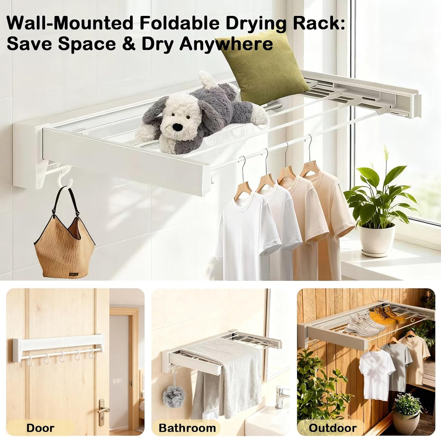 Wall Mounted Clothes Drying Rack 27 inches,Foldbale Laundry Drying Rack 6 Rods,Hidden Drying Rack Clothing,Retractable,Collapsible,Screws Needed Folding Laundry Rack (White, Medium)