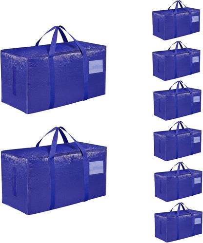 8 Pack-Extra Large Heavy Duty Moving Bags - Waterproof Storage Totes with Handles & Zippers, Foldable for College Dorm, Storage (Clear)