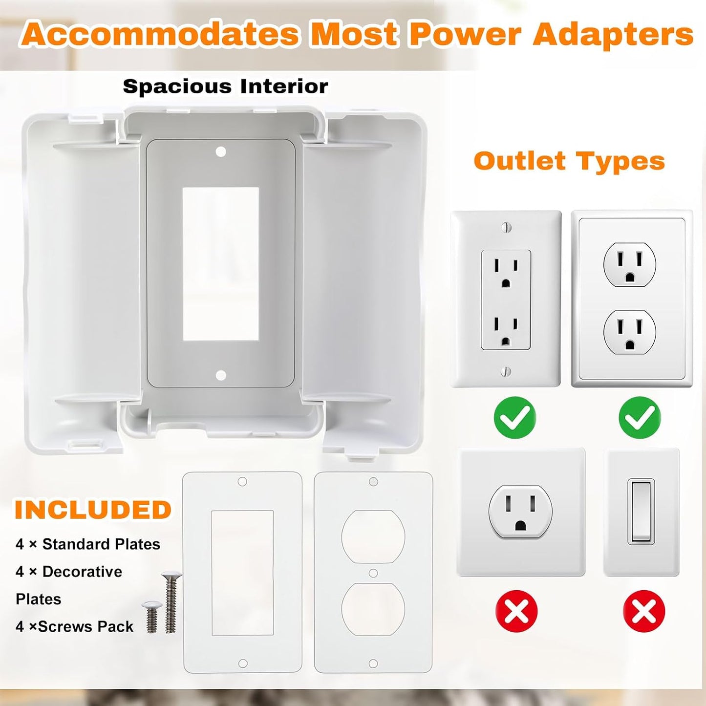 Tellegloww 4 Pack Safety Outlet Cover Box Wall Outlet Cover for Baby Proofing Extra Large Electrical Plugs and Adapters Receptacle Box Receptacle Protector with Childproof Lock & Cable Management