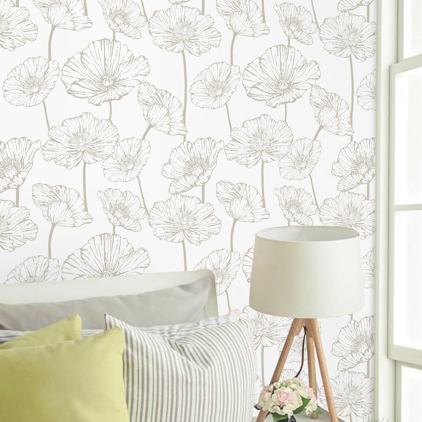 Orainege Modern Peel and Stick Wallpaper 17.3inx118.1in Beige and White Floral Wallpaper Boho Contact Paper Removable Decorative Wall Paper for Bedroom Bathroom Cabinets Decor Vinyl