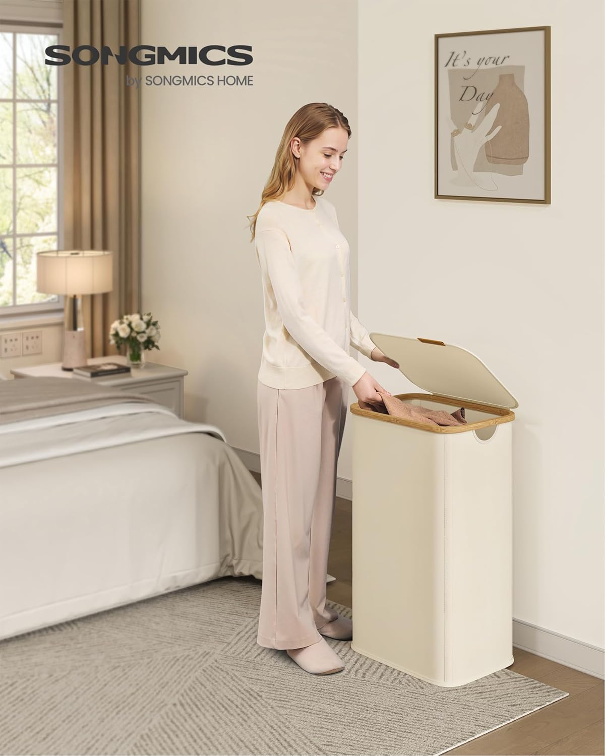SONGMICS Laundry Hamper, Laundry Basket with Lid, Foldable Storage Basket, Bamboo Frame, for Bedroom, Living Room, Oxford Fabric, 37 Gal. (140 L), Cream White ULCB519WD01