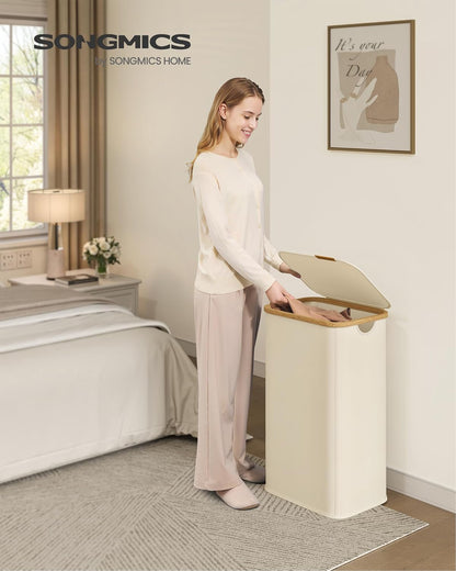 SONGMICS Laundry Hamper, Laundry Basket with Lid, Foldable Storage Basket, Bamboo Frame, for Bedroom, Living Room, Oxford Fabric, 37 Gal. (140 L), Cream White ULCB519WD01