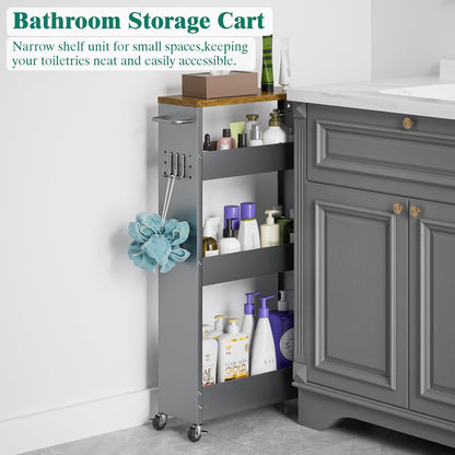 XYZLVSI Slim Storage Cart, Narrow Kitchen Rolling Cart for Small Spaces | 5.9" W skinny storage cart, 12.4" bottom metal utility cart with 360° swivel wheels for bathroom/laundry, slim shelf, white