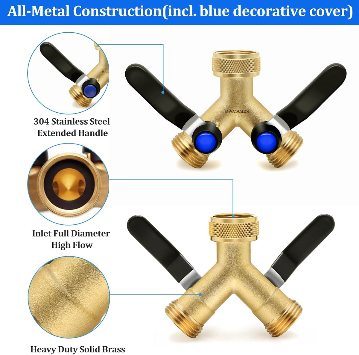 Brass Garden Hose Splitter 2-Way Heavy Duty - 3/4" GHT Threads with 2×304 Stainless Steel Handles, High Flow Design for Efficient Water Distribution