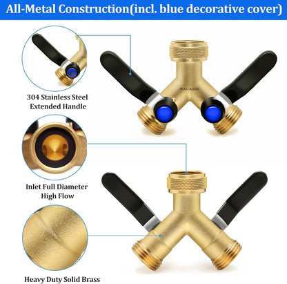 Brass Garden Hose Splitter 2-Way Heavy Duty - 3/4" GHT Threads with 2×304 Stainless Steel Handles, High Flow Design for Efficient Water Distribution