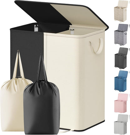 Lifewit Double Laundry Hamper with Lid and Removable Laundry Bags, Large Collapsible 2 Dividers Dirty Clothes Basket with Handles for Bedroom Laundry Room Closet Bathroom College, 136L Beige