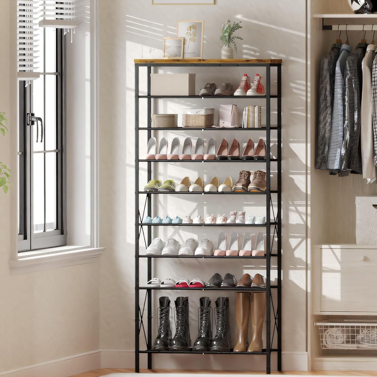 8 Tiers Tall Shoe Rack Organizer, Large Capacity Shoe Rack Holds 32 Pairs of Shoes, Durable and Stable, Adjustable Metal Shelf Stackable Shoe Shelf for Entryway, Hallway, Living Room, Closet