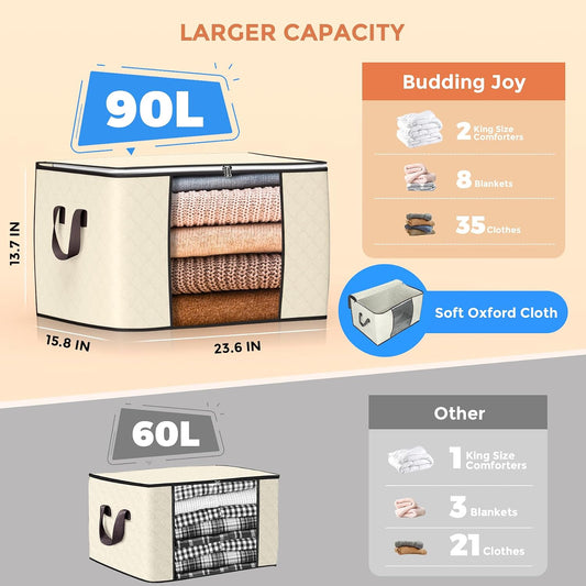 90L Large Storage Bags, 6 Pack Clothes Storage Bins Foldable Closet Organizers Storage Containers with Reinforced Handle for Clothing, Blanket, Comforters, Bed Sheets, Pillows and Toys (Gray)