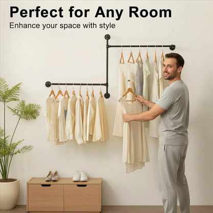 Industrial Pipe Clothing Rack, Wall Clothes Rack, Hanging Rod, Garment Rack | Pipe Clothes Rails, Multi-Purpose, Heavy Duty, Space-Saving, Clothes Bar, Organizer, Closet