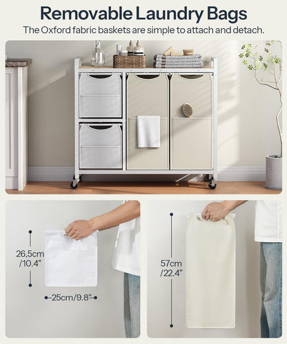 HOOBRO Laundry Sorter with 4 Section, 34 Gal. (127 L) Laundry Hamper with Wheels, Rolling Laundry Basket with Shelves, Pull-Out Detachable Bags, Side Pockets, White, Natural and Beige WNE14XY01N1