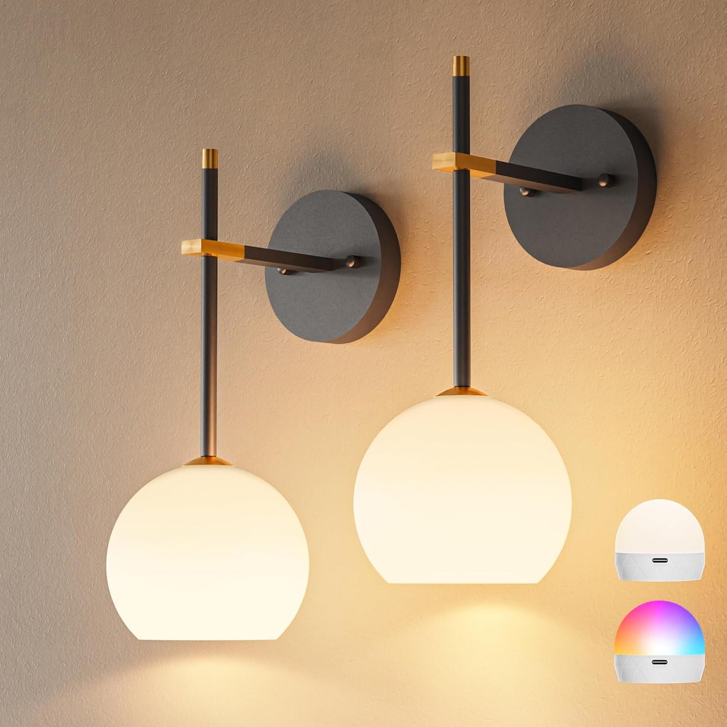 Brass Battery Operated Wall Sconces Set of 2, Rechargeable Wireless Wall Lights with Milky White Frosted Glass, 12 RGB and 3CCT Dimmable, Wall Lamps with Remote for Bedroom Living Room Hallway
