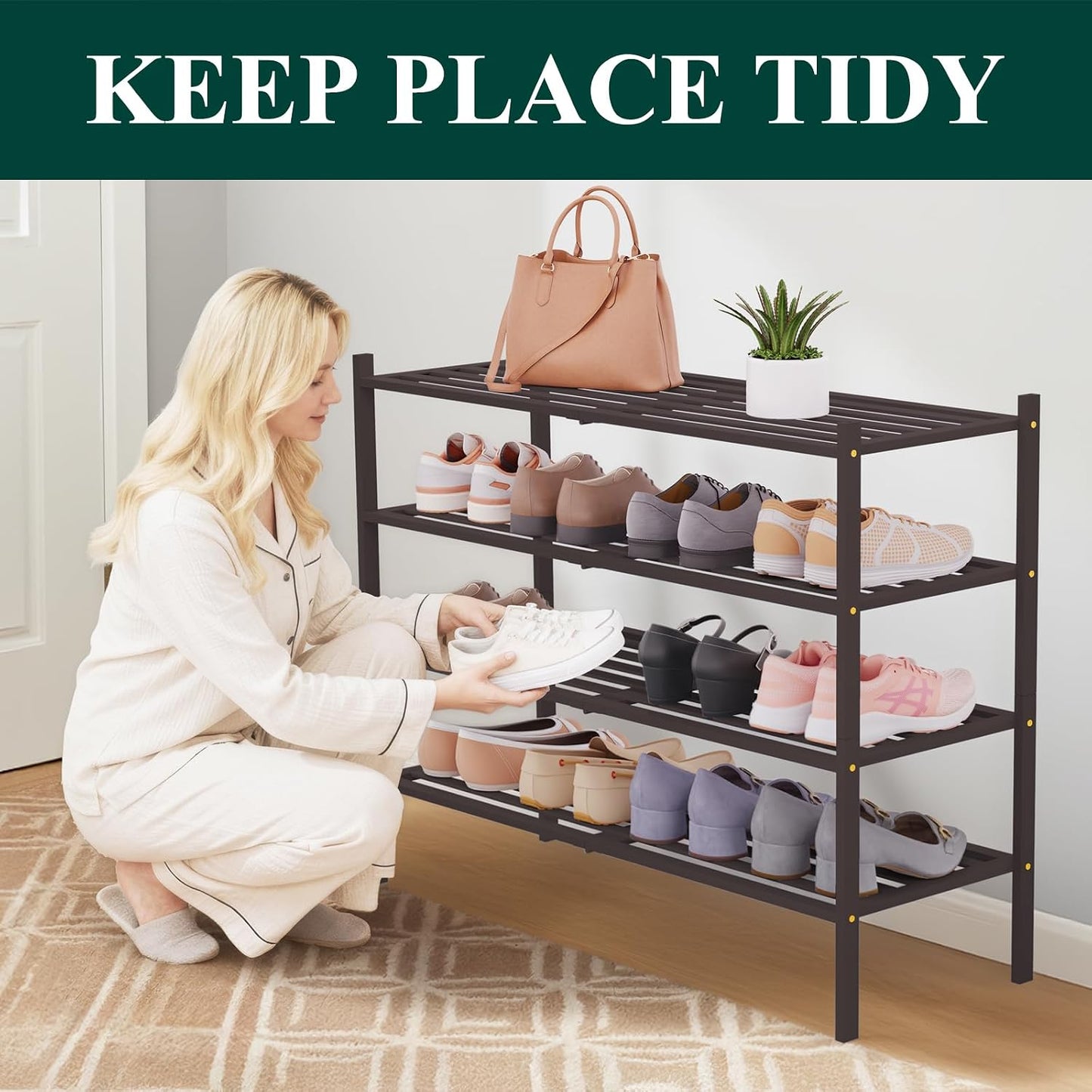 Smiry Bamboo Shoe Rack, 3 Tier Free Standing Wooden Shoe Organizer, Stackable Wood Shoe Storage Shelf for Closet, Entryway, 5 Horizontal Slats, 26.8"x11"x18.3", Natural