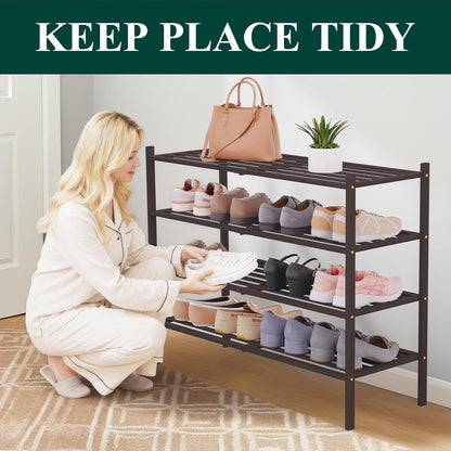 Smiry Bamboo Shoe Rack, 3 Tier Free Standing Wooden Shoe Organizer, Stackable Wood Shoe Storage Shelf for Closet, Entryway, 5 Horizontal Slats, 26.8"x11"x18.3", Natural
