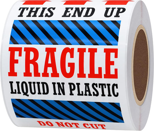 Hybsk 3 x 5 Fragile Liquid in Plastic This End Up Safe Handling Stickers for Shipping and Packing - 100 Adhesive Labels Per Roll