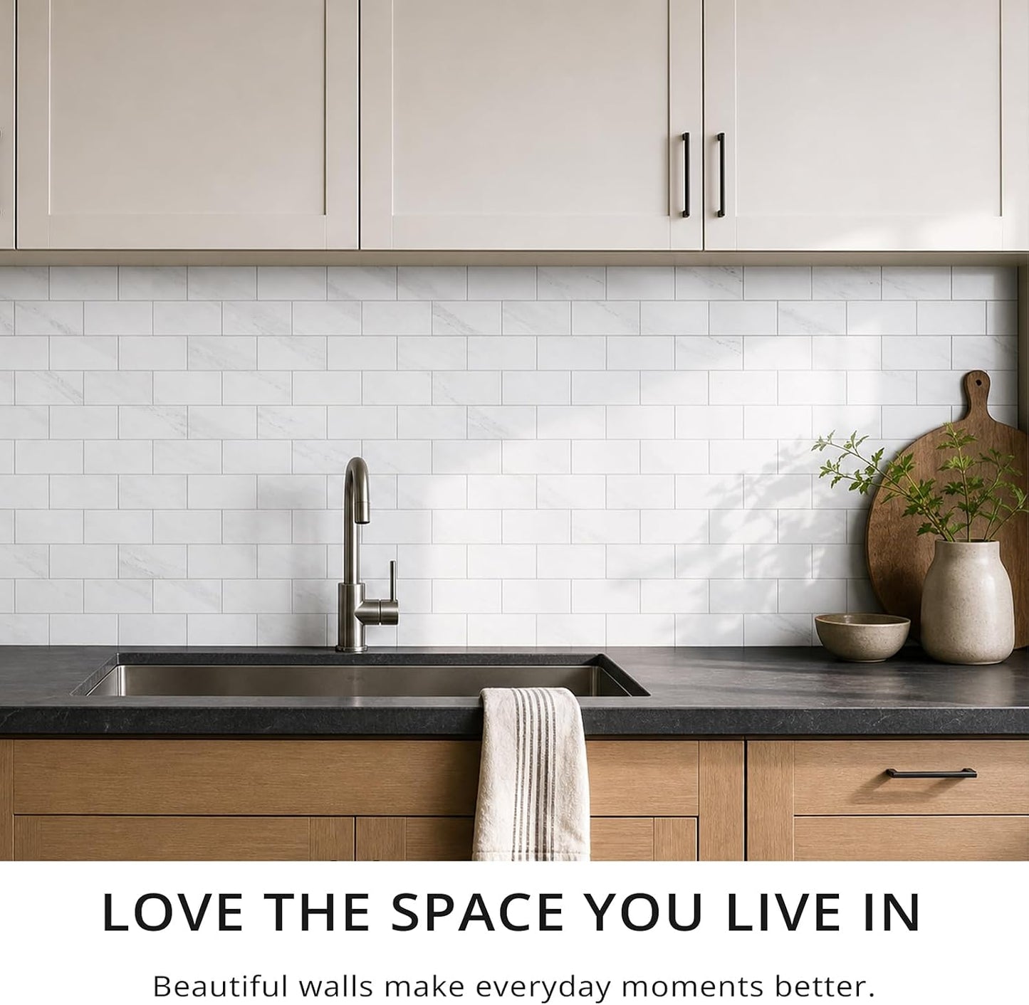 StyloVue 100 Pieces Peel and Stick Backsplash for Kitchen, 3" x 6" PVC Subway Tile, Glossy White with Dark Gray Grout, Self Adhesive Stick on Wall Tiles for Kitchen, Bathroom, Fireplace, RV