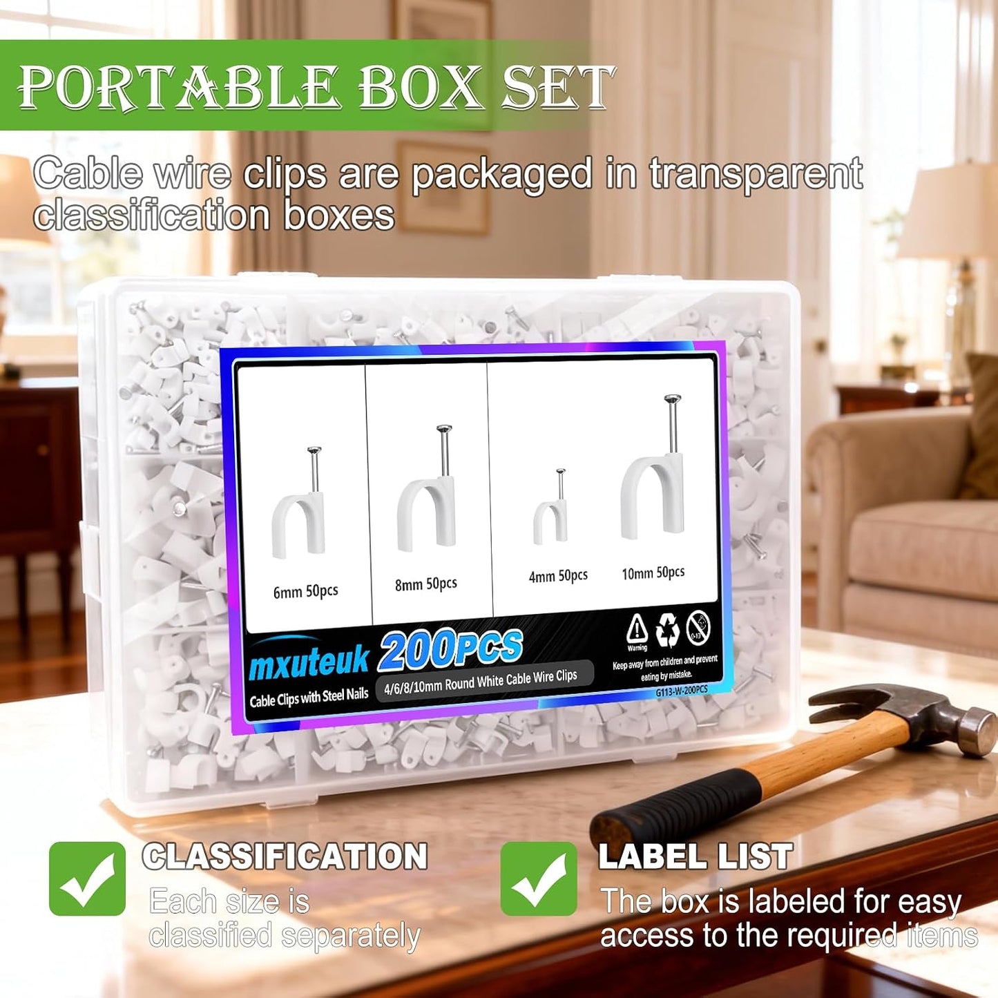 mxuteuk 630PCS Cable Clips with Steel Nails,4/5/6/8/10mm Round and 5/6mm Square White Cable Wire Clips,Wall Clips for Cords,Cable Cord Clips for RG6 RG59 CAT6 RJ45