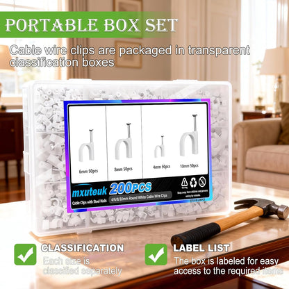 mxuteuk 630PCS Cable Clips with Steel Nails,4/5/6/8/10mm Round and 5/6mm Square White Cable Wire Clips,Wall Clips for Cords,Cable Cord Clips for RG6 RG59 CAT6 RJ45