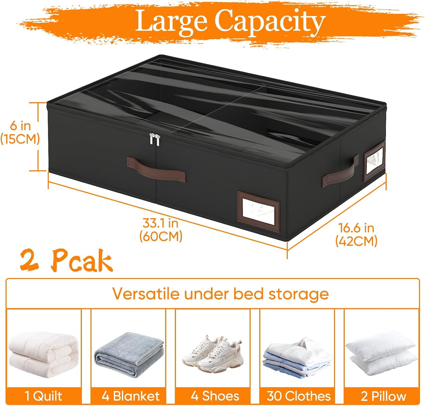 OIAHOMY 2 Pack 53L Under Bed Storage with Adjustable Dividers, 6" Low Profile Underbed Storage Bins for Comforters & Clothes, Save Closet Space with Clear View Lid & Reinforced Handles, Grey