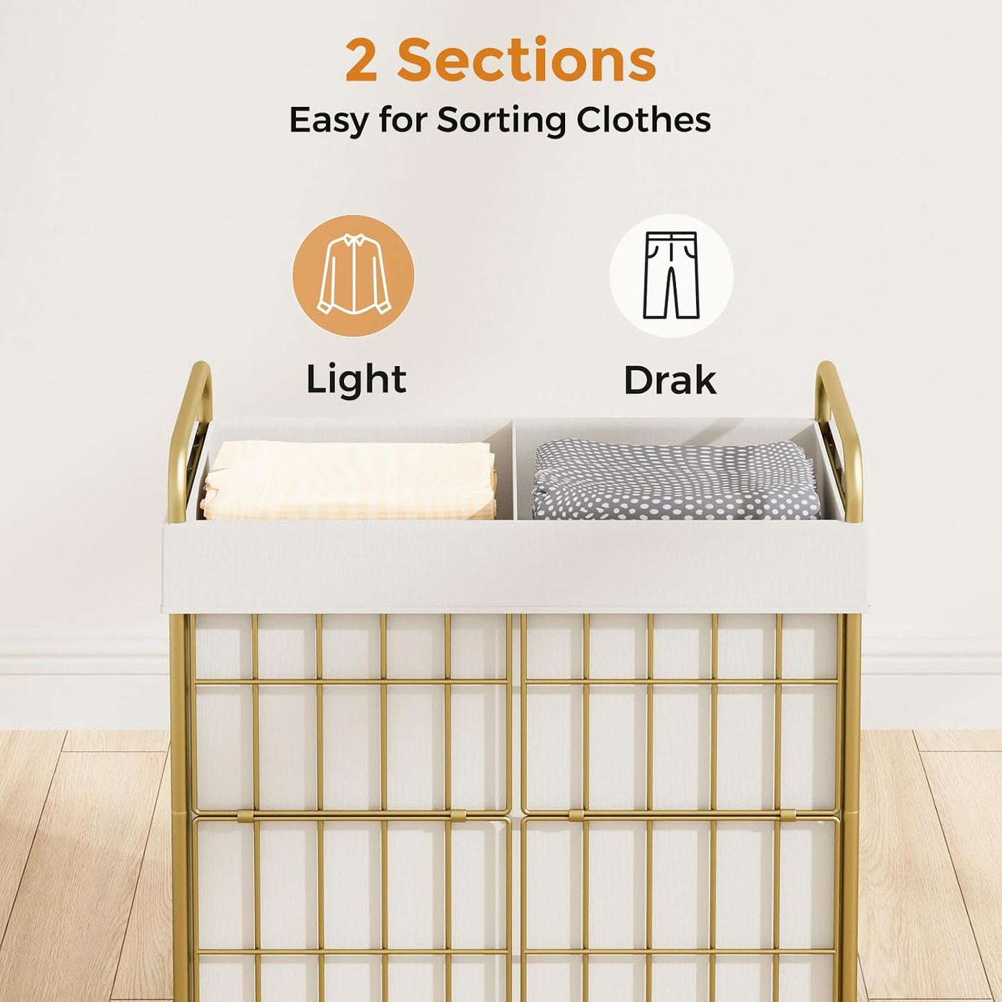 2 Section Laundry Hamper with Wheels and Brake, 100L Laundry Sorter Cart with 2 Removable Liner Bags, Metal Handle, Rolling Laundry Basket for Bedroom Laundry Room