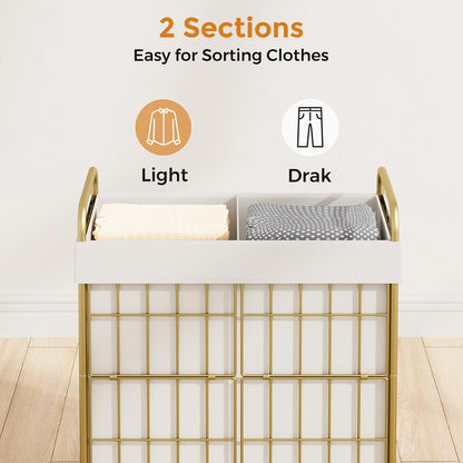 2 Section Laundry Hamper with Wheels and Brake, 100L Laundry Sorter Cart with 2 Removable Liner Bags, Metal Handle, Rolling Laundry Basket for Bedroom Laundry Room