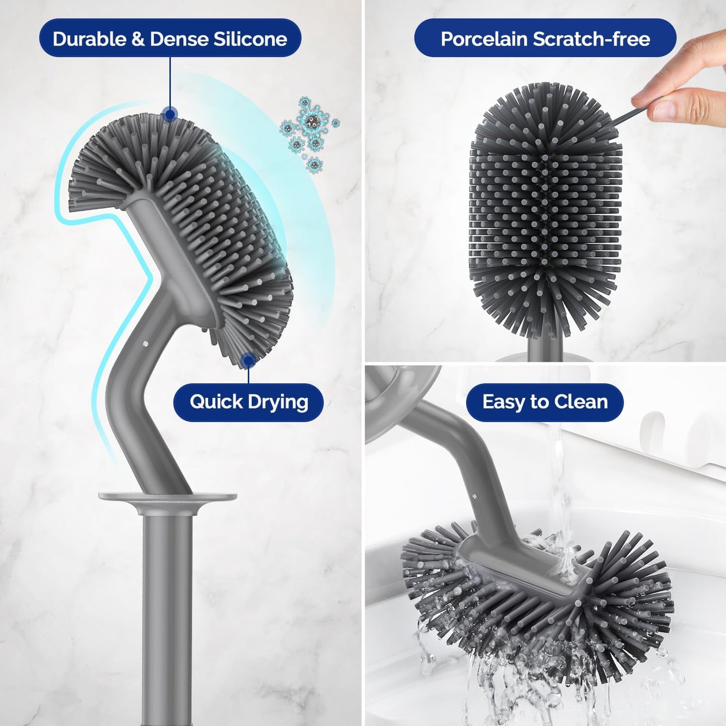 HAMITOR Toilet Bowl Brush Holder Set: Silicone Toilet Cleaner Brush with Curved Design Deep Cleaning Compact Hidden Scrubber for Bathroom Small Space - Modern Rv Toilet Decor Accessories - Gray