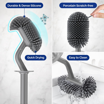 HAMITOR Toilet Bowl Brush Holder Set: Silicone Toilet Cleaner Brush with Curved Design Deep Cleaning Compact Hidden Scrubber for Bathroom Small Space - Modern Rv Toilet Decor Accessories - Gray