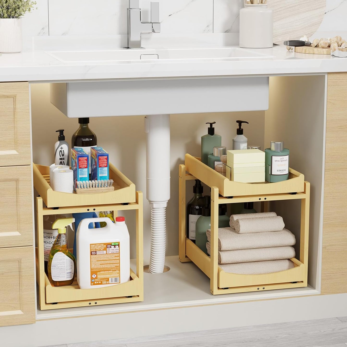 Bamboo Under Sink Organizer Adjustable Height 2 Tier Bathroom Organizer Pull Out Cabinet Storage Kitchen Heave Duty Wood Slide Ou Shelf for Kitchen Bathroom (Black, 2 Packs) (Black, 2 Pack)