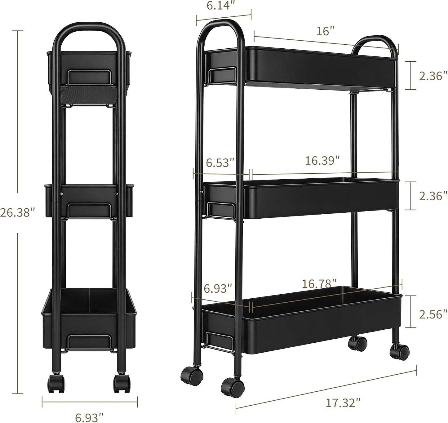Slim Rolling Cart, Metal Frame Utility Rolling 3-Tier Narrow Storage Cart with Handle Kitchen Storage Organizer, Mobile Shelving Unit for Bathroom Kitchen