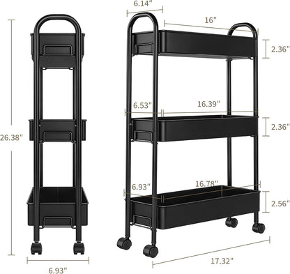 Slim Rolling Cart, Metal Frame Utility Rolling 3-Tier Narrow Storage Cart with Handle Kitchen Storage Organizer, Mobile Shelving Unit for Bathroom Kitchen