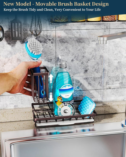 Consumest Sponge Holder for Kitchen Sink - Kitchen Sink Caddy Organizer with Removable Drip Tray for Countertop Dish Soap Dispenser Brush Storage Accessories 304 Stainless Steel - Black