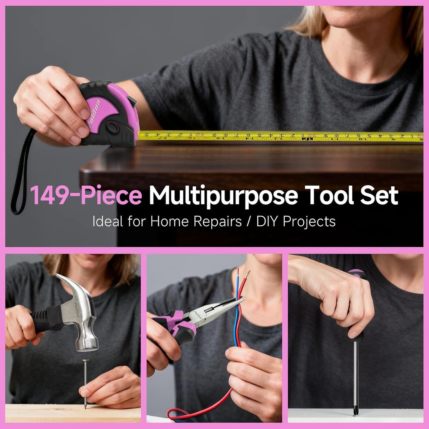 PULITUO Drill Set, 149-Piece Home Tool Set with 12V Pink Cordless Drill, Tool Box, Hand Tool Kits for Women & Men and DIY Enthusiasts, for Home Improvement
