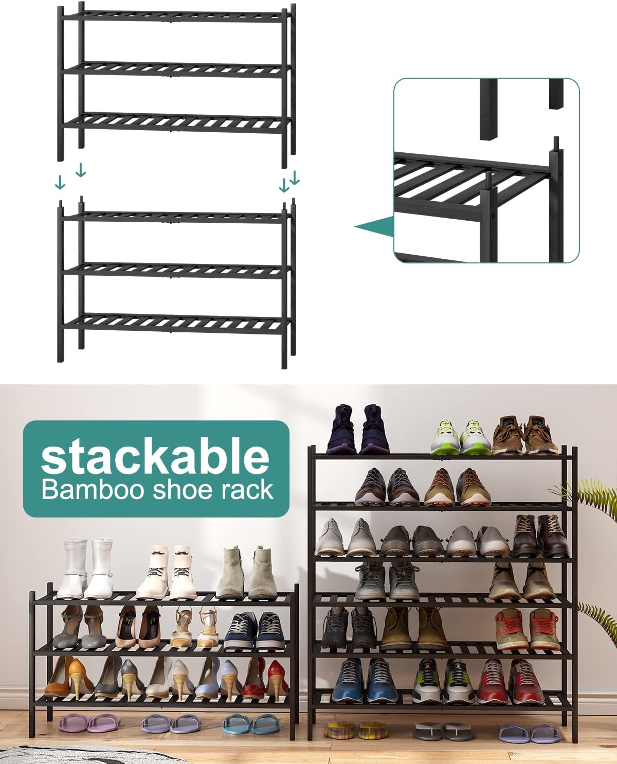 viewcare 3-Tier Black Bamboo Shoe Rack for Entryway, Stackable | Foldable | Natural, Shoe Shelf Storage Organizer for Hallway Closet, Free Standing Shoe Racks for Indoor Outdoor