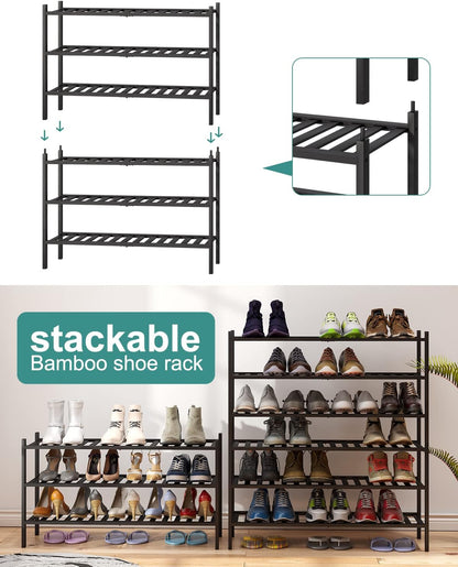 viewcare 3-Tier Black Bamboo Shoe Rack for Entryway, Stackable | Foldable | Natural, Shoe Shelf Storage Organizer for Hallway Closet, Free Standing Shoe Racks for Indoor Outdoor