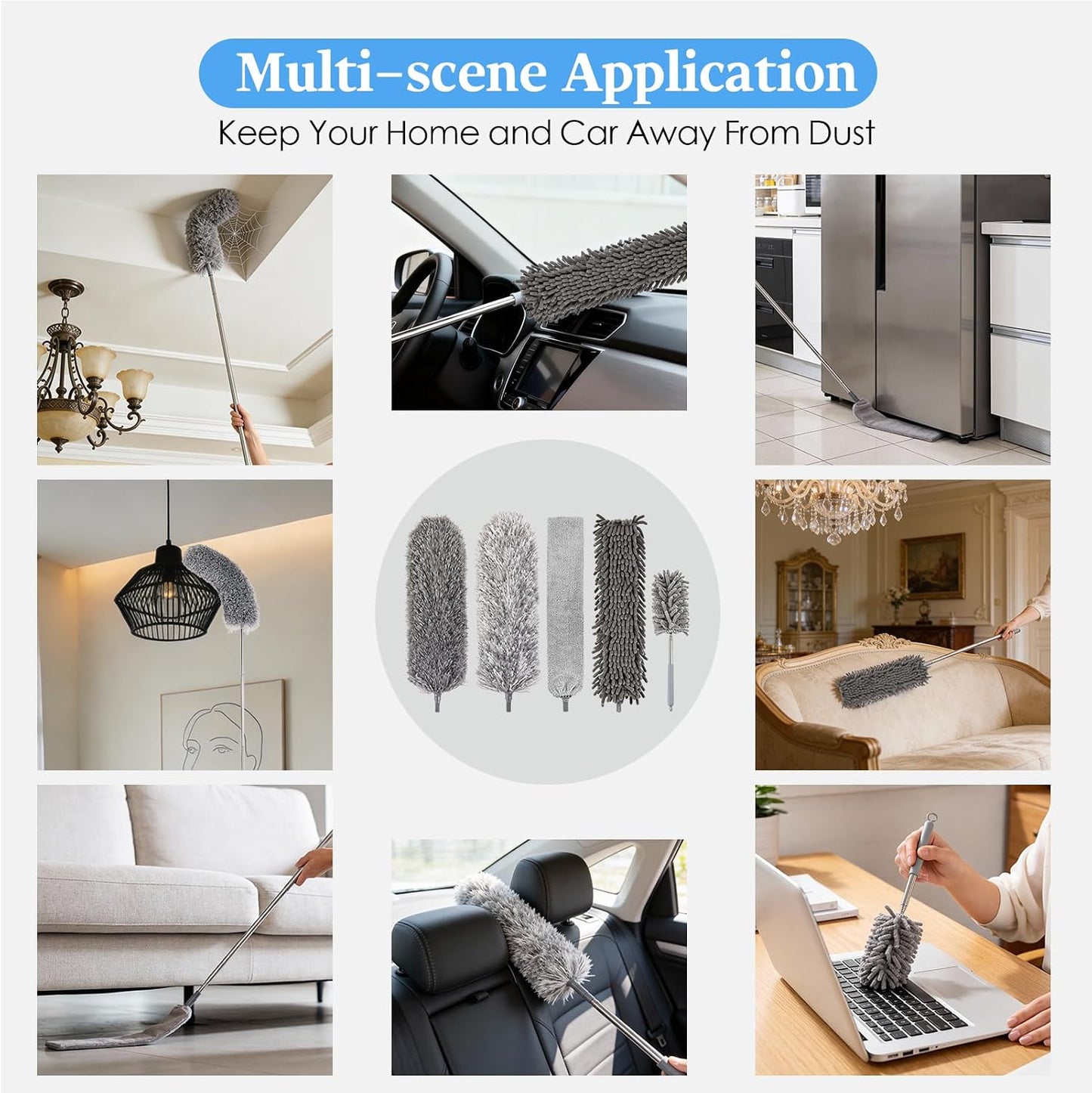 Microfiber Feather Duster 5-in-1 Kit with Extension Pole, Washable Cleaning Duster Set with 3 Duster Heads, Cobweb Duster, Corner Brush, 100'' Extendable Long Duster for High Ceilings, Fans, Furniture