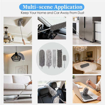 Microfiber Feather Duster 5-in-1 Kit with Extension Pole, Washable Cleaning Duster Set with 3 Duster Heads, Cobweb Duster, Corner Brush, 100'' Extendable Long Duster for High Ceilings, Fans, Furniture
