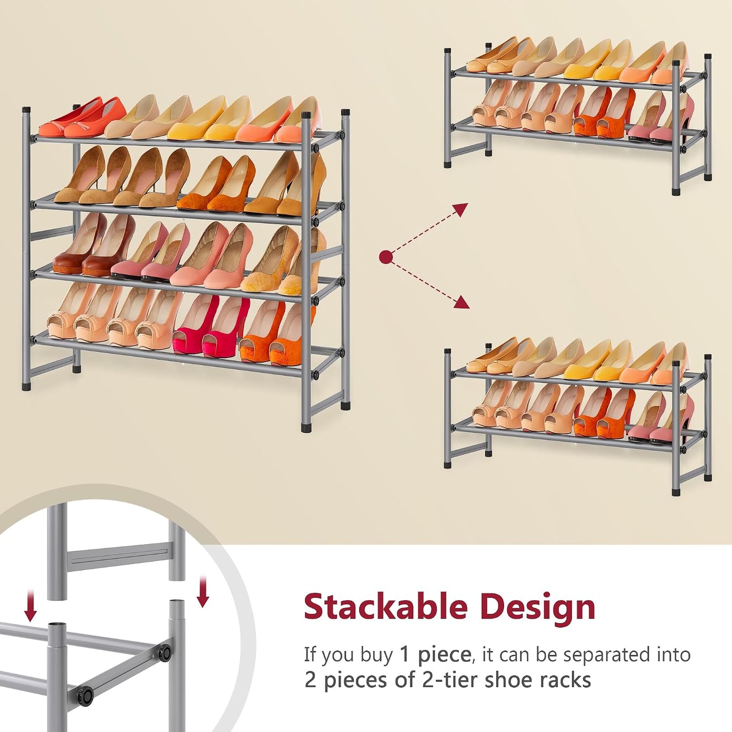Tajsoon Expandable Shoe Rack for Closet 3 Tier, 28“-41“Adjustable & Stackable Shoe Shelf Storage, Metal Shoe Rack Organizer for Front Door Entrance, Closet, Garage, Entryway, Black