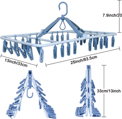 Foshine Foldable Clip Hangers Plastic Blue with 32Pcs Drying Clips | Drip Hanger Foldable Wind-Proof Hook For Underwear Socks Bras Lingerie Clothes