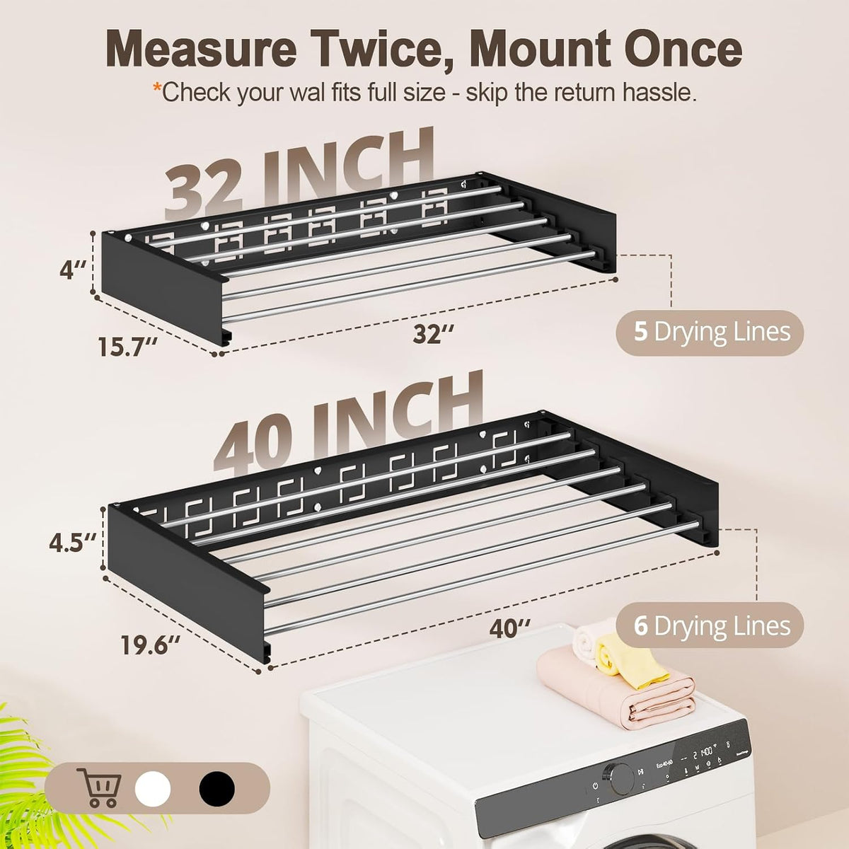 Wall Mounted Clothes Drying Rack Folding Indoor, Foldable Laundry Drying Rack Collapsible,Invisible, Space Saving, Retractable Towel Drying Rack, with Wall Template(5 Drying Rods, White 32")