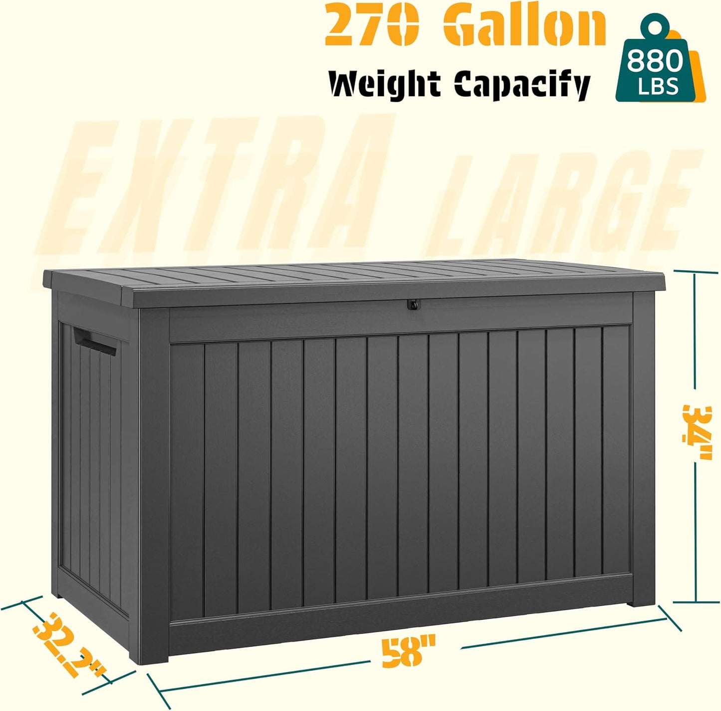 NUNU LAB Outdoor Storage Box, 45 Gallon Outside Deck Box Waterproof, Resin Outdoor Storage Cabinet With Lockable Lid, Backyard Storage Bench For Garden Tools, Patio Cushions, Pool Tools, Black